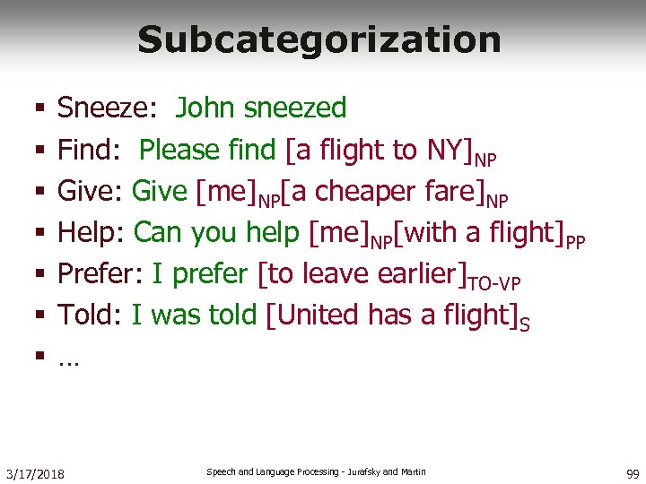 Subcategorization § § § § Sneeze: John sneezed Find: Please find [a flight to