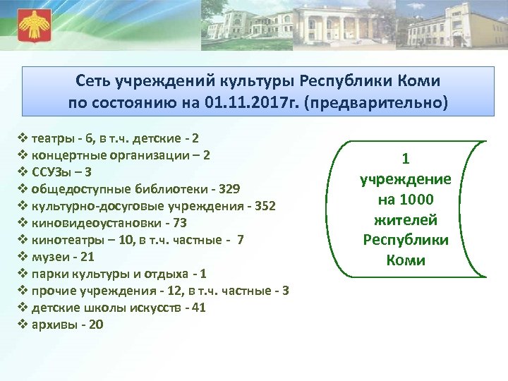 Сеть учреждений культуры Республики Коми по состоянию на 01. 11. 2017 г. (предварительно) v