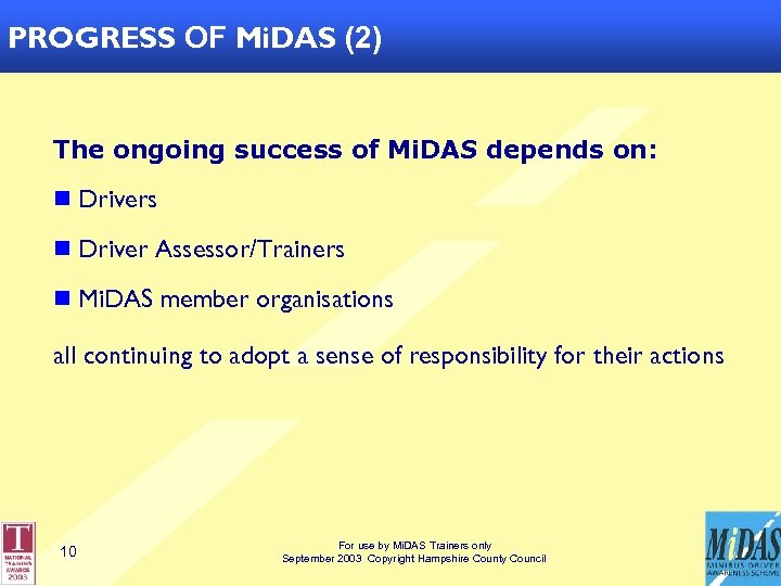 PROGRESS OF Mi. DAS (2) The ongoing success of Mi. DAS depends on: n