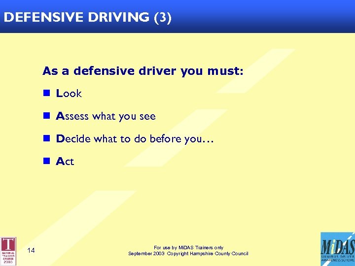 DEFENSIVE DRIVING (3) As a defensive driver you must: n Look n Assess what