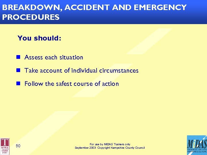 PERSONAL SAFETY FOR DRIVERS (3) BREAKDOWN, ACCIDENT AND EMERGENCY PROCEDURES You should: n Assess