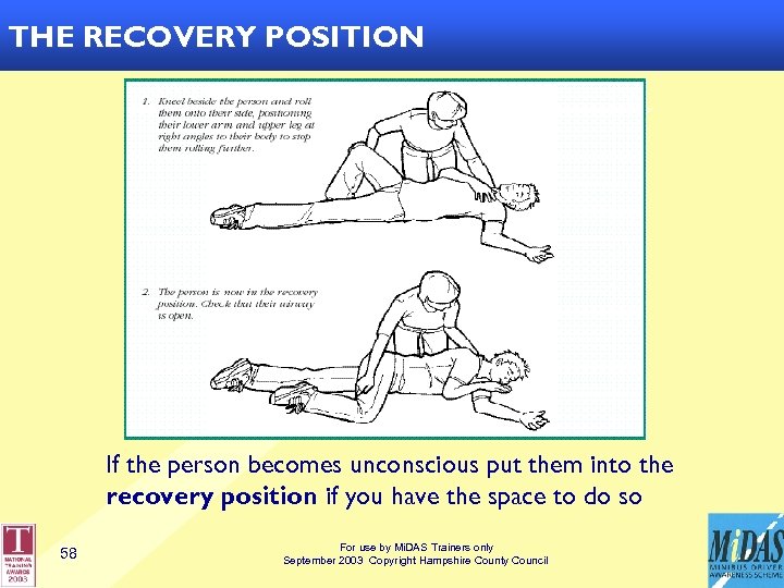 THE RECOVERY POSITION If the person becomes unconscious put them into the recovery position