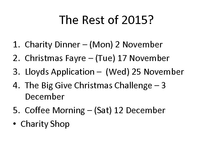 The Rest of 2015? 1. 2. 3. 4. Charity Dinner – (Mon) 2 November