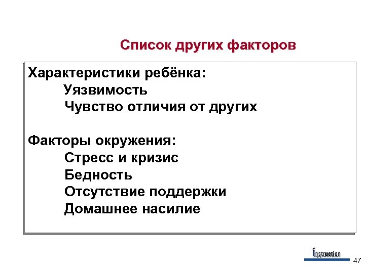 Список других факторов Характеристики ребёнка: Уязвимость Чувство отличия от других Факторы окружения: Стресс и