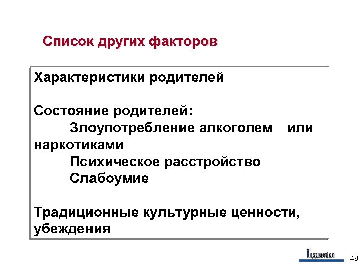 Список других факторов Характеристики родителей Состояние родителей: Злоупотребление алкоголем наркотиками Психическое расстройство Слабоумие или