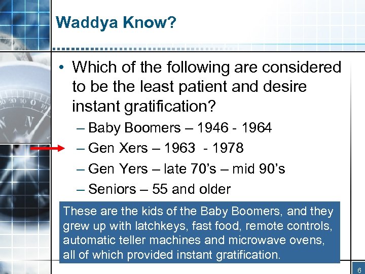 Waddya Know? • Which of the following are considered to be the least patient