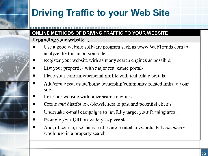Driving Traffic to your Web Site 99 