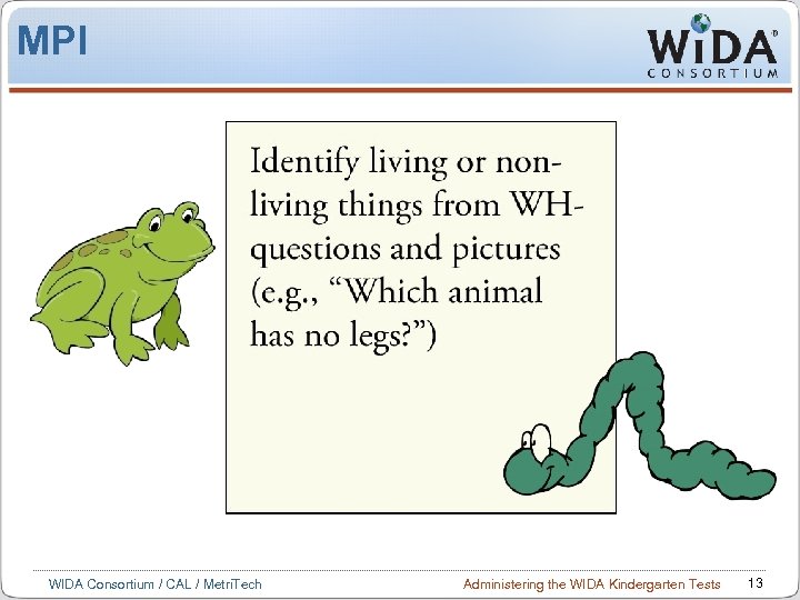 MPI WIDA Consortium / CAL / Metri. Tech Administering the WIDA Kindergarten Tests 13