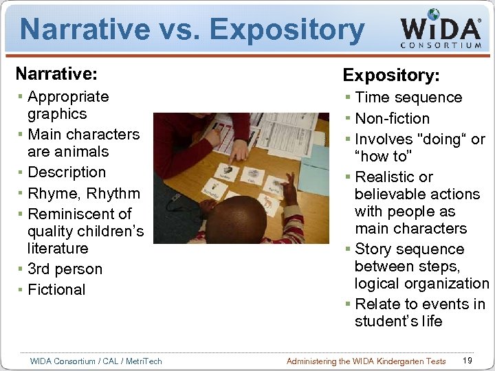 Narrative vs. Expository Narrative: Appropriate graphics Main characters are animals Description Rhyme, Rhythm Reminiscent