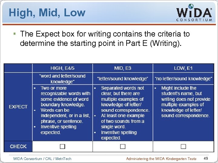 High, Mid, Low The Expect box for writing contains the criteria to determine the