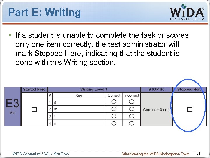Part E: Writing If a student is unable to complete the task or scores