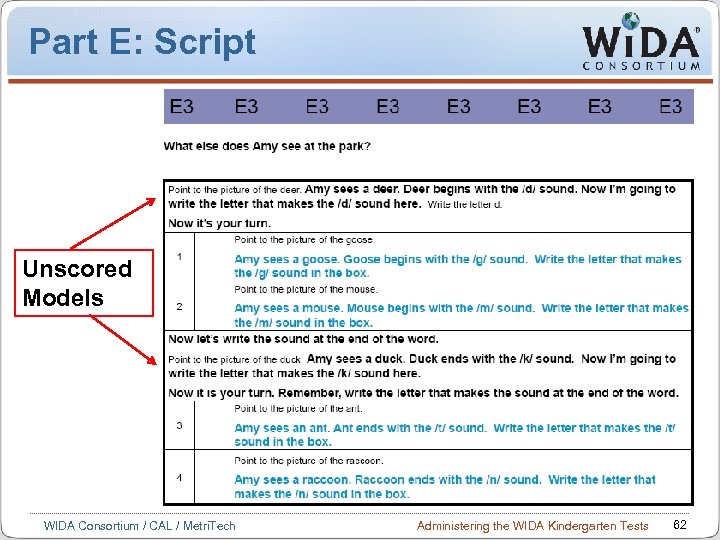 Part E: Script Unscored Models WIDA Consortium / CAL / Metri. Tech Administering the
