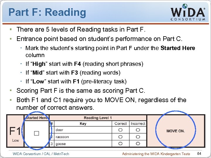 Part F: Reading There are 5 levels of Reading tasks in Part F. Entrance