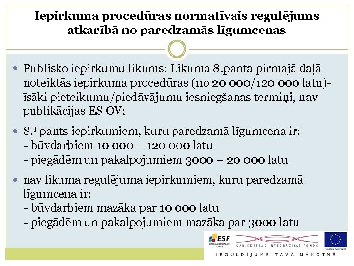 Iepirkuma procedūras normatīvais regulējums atkarībā no paredzamās līgumcenas Publisko iepirkumu likums: Likuma 8. panta