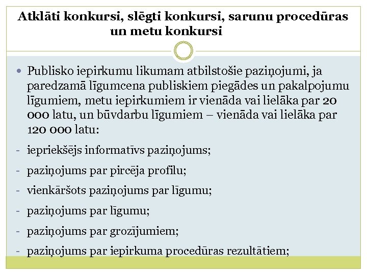 Atklāti konkursi, slēgti konkursi, sarunu procedūras un metu konkursi Publisko iepirkumu likumam atbilstošie paziņojumi,