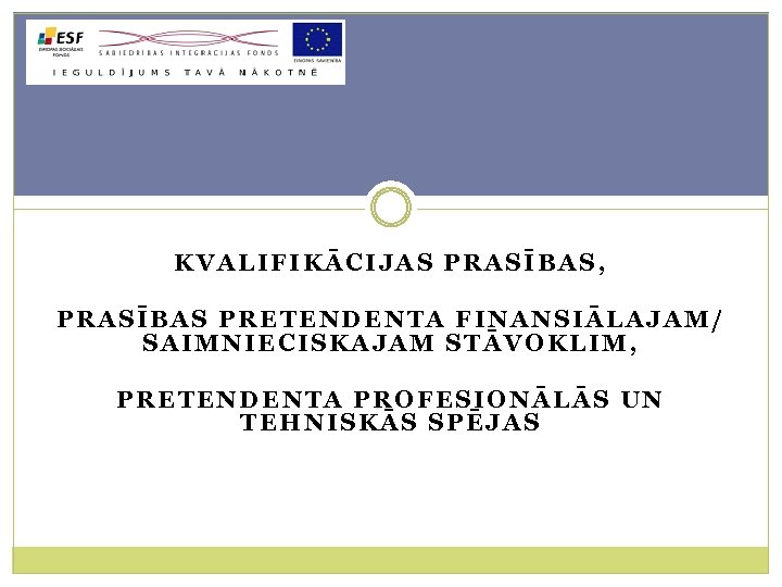 KVALIFIKĀCIJAS PRASĪBAS, PRASĪBAS PRETENDENTA FINANSIĀLAJAM/ SAIMNIECISKAJAM STĀVOKLIM, PRETENDENTA PROFESIONĀLĀS UN TEHNISKĀS SPĒJAS 