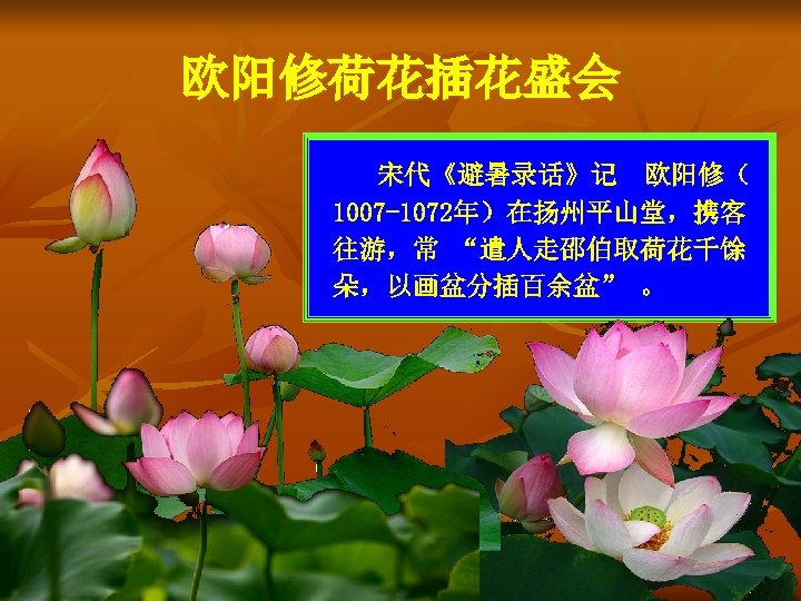 欧阳修荷花插花盛会 宋代《避暑录话》记 欧阳修（ 1007 -1072年）在扬州平山堂，携客 往游，常 “遣人走邵伯取荷花千馀 朵，以画盆分插百余盆” 。 