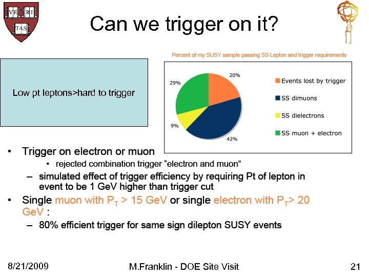 Can we trigger on it? Low pt leptons>hard to trigger 8/21/2009 M. Franklin -