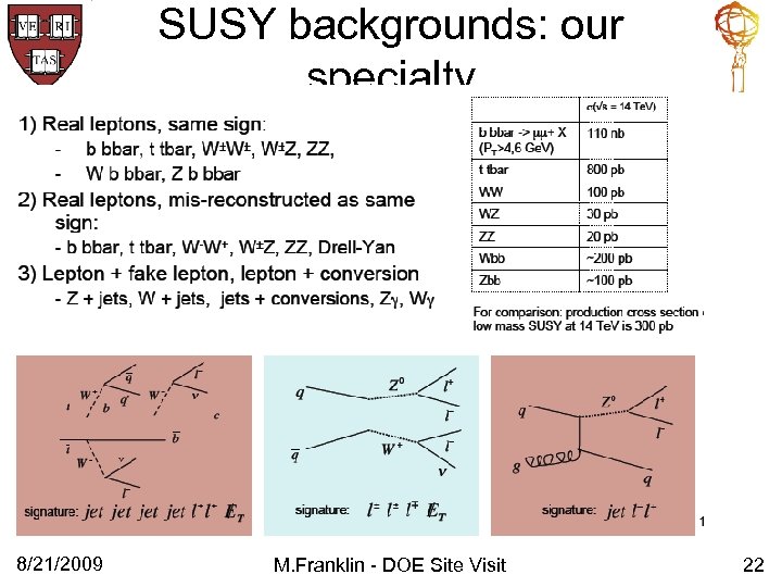 SUSY backgrounds: our specialty 8/21/2009 M. Franklin - DOE Site Visit 22 