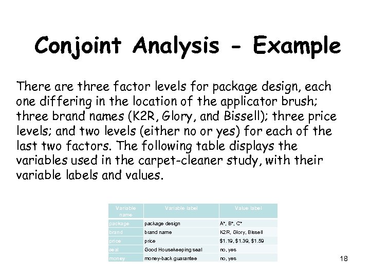Conjoint Analysis - Example There are three factor levels for package design, each one