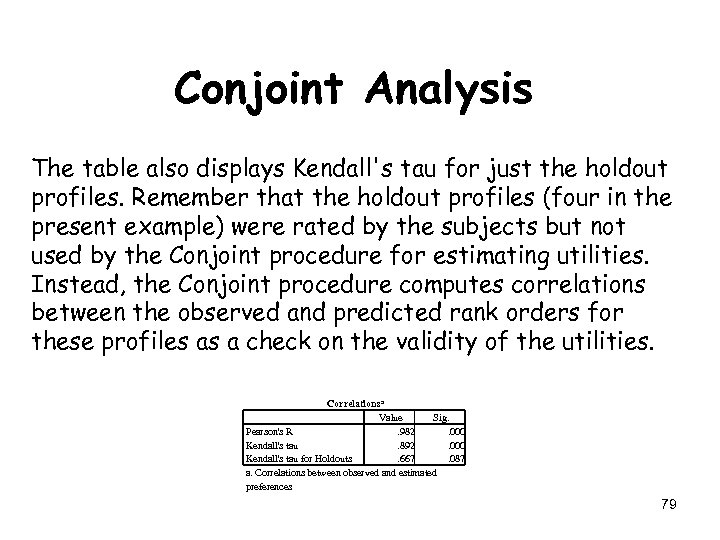 Conjoint Analysis The table also displays Kendall's tau for just the holdout profiles. Remember