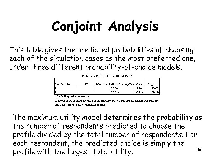 Conjoint Analysis This table gives the predicted probabilities of choosing each of the simulation