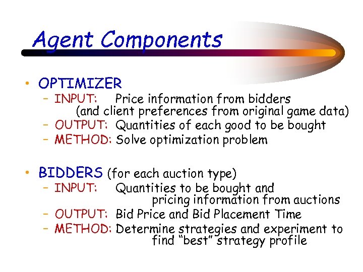 Agent Components • OPTIMIZER – INPUT: Price information from bidders (and client preferences from