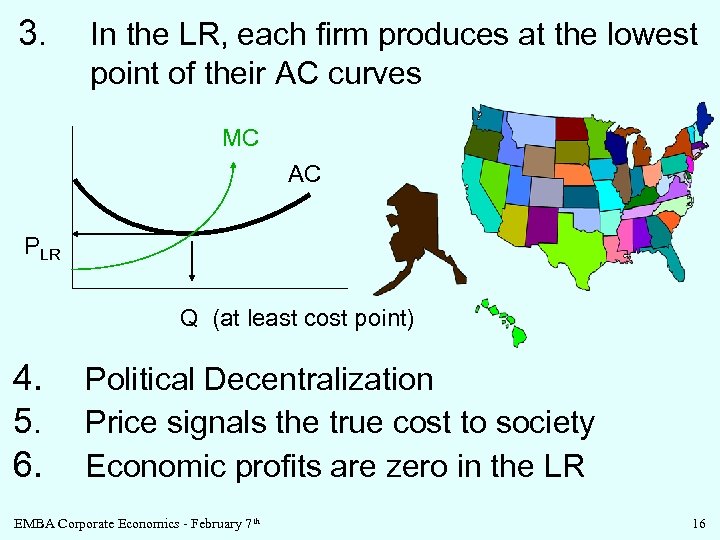 3. In the LR, each firm produces at the lowest point of their AC