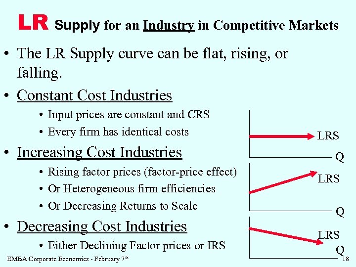 LR Supply for an Industry in Competitive Markets • The LR Supply curve can