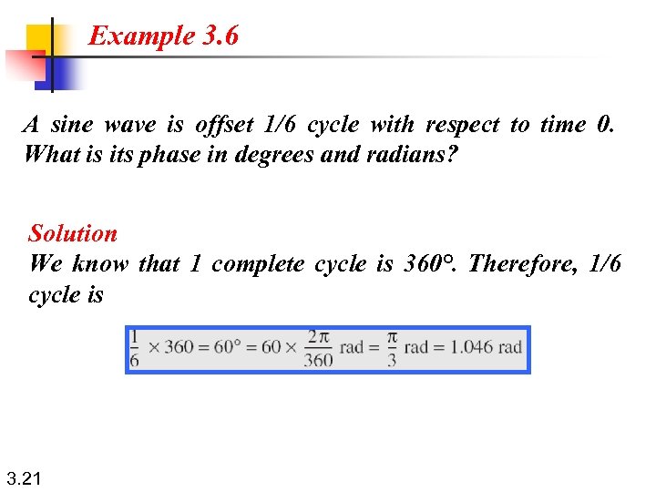 Example 3. 6 A sine wave is offset 1/6 cycle with respect to time