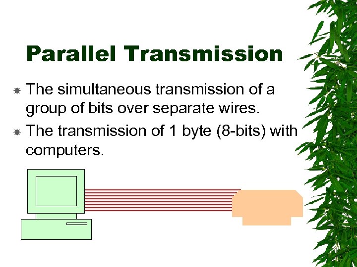 Parallel Transmission The simultaneous transmission of a group of bits over separate wires. The