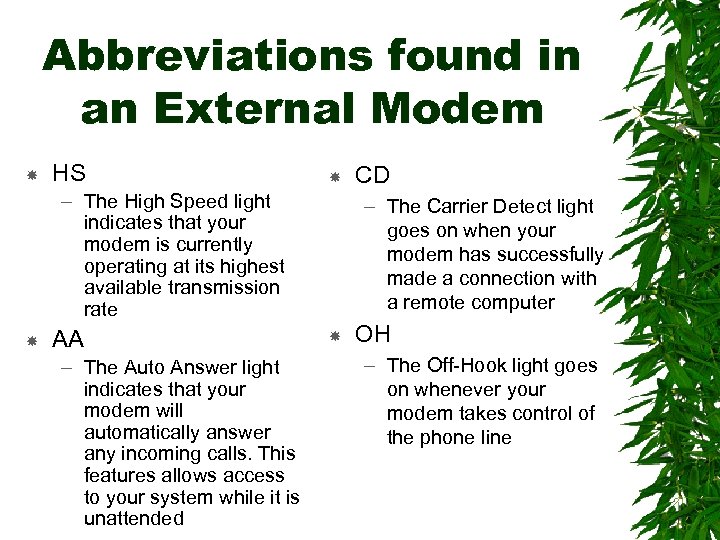 Abbreviations found in an External Modem HS – The High Speed light indicates that