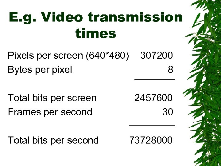 E. g. Video transmission times Pixels per screen (640*480) Bytes per pixel 307200 8