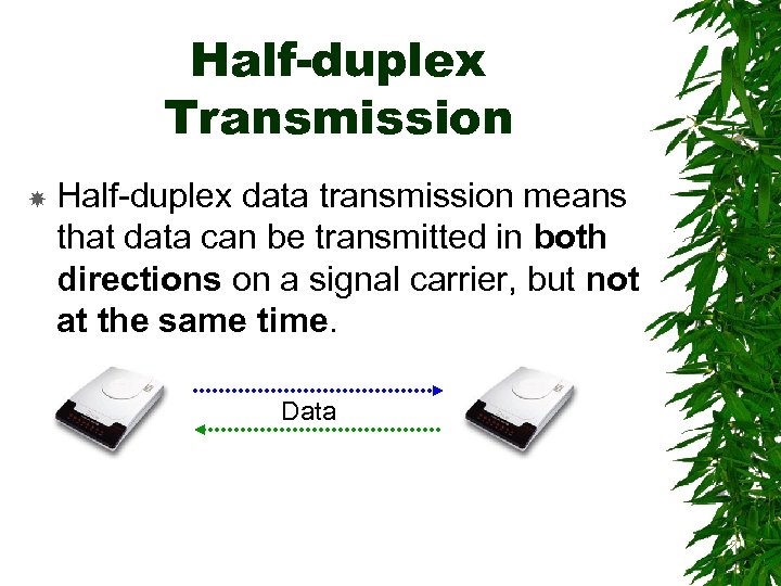 Half-duplex Transmission Half-duplex data transmission means that data can be transmitted in both directions