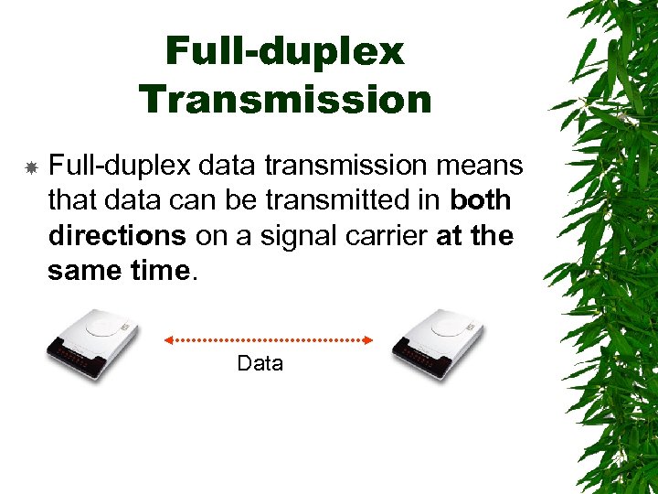 Full-duplex Transmission Full-duplex data transmission means that data can be transmitted in both directions