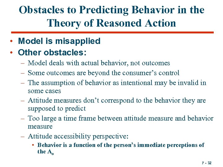 Obstacles to Predicting Behavior in the Theory of Reasoned Action • Model is misapplied