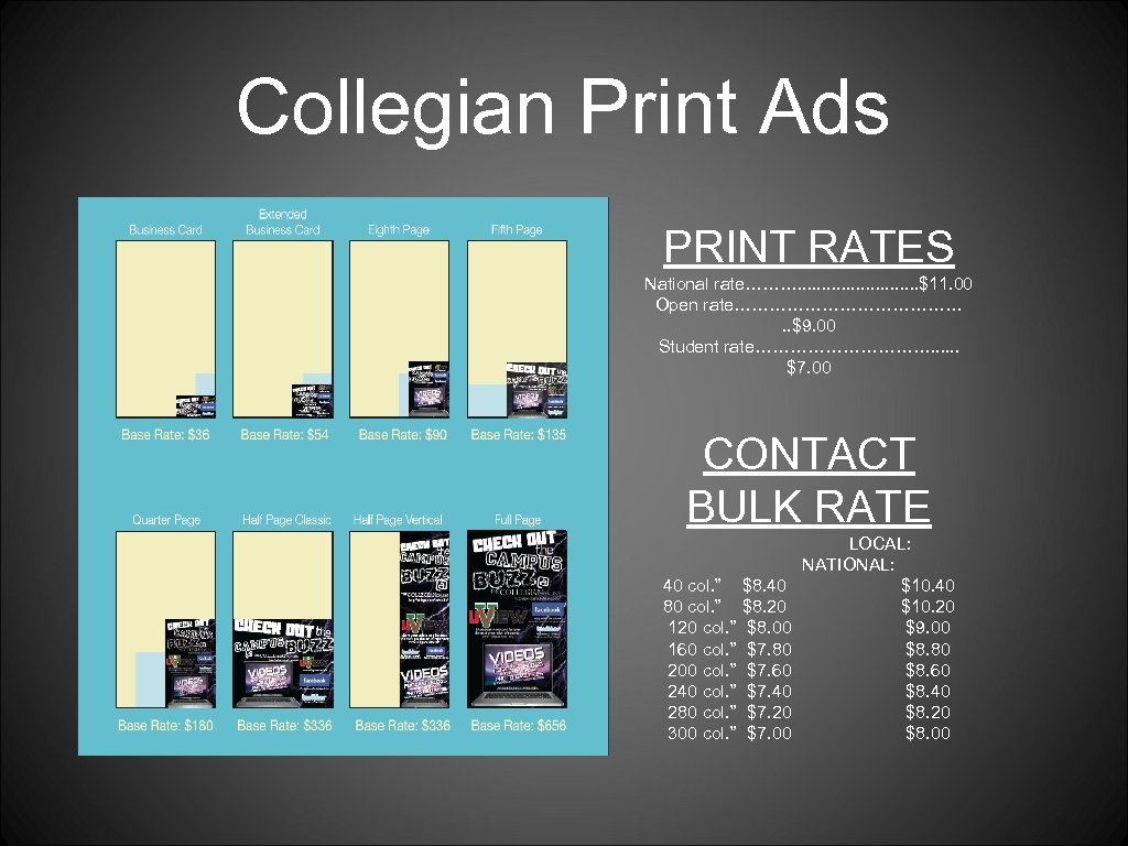 Collegian Print Ads PRINT RATES National rate………. . . $11. 00 Open rate………………… .