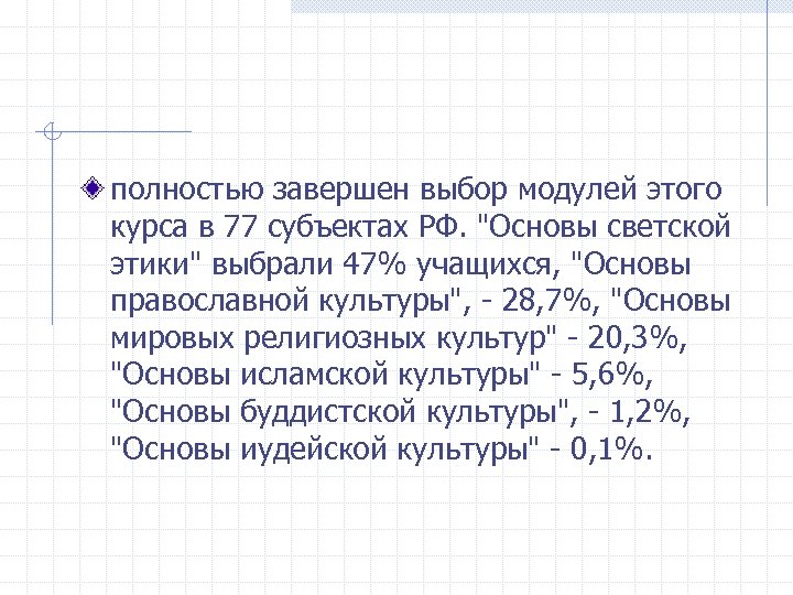 полностью завершен выбор модулей этого курса в 77 субъектах РФ. "Основы светской этики" выбрали