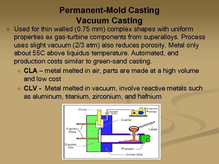 Permanent-Mold Casting Vacuum Casting v Used for thin walled (0. 75 mm) complex shapes