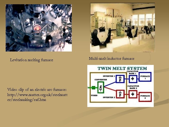Levitation melting furnace Video clip of an electric arc furnace: http: //www. matter. org.