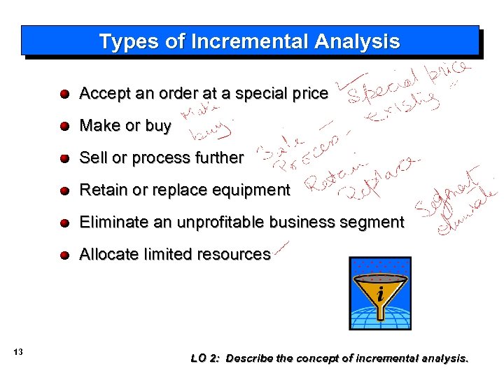 Types of Incremental Analysis Accept an order at a special price Make or buy