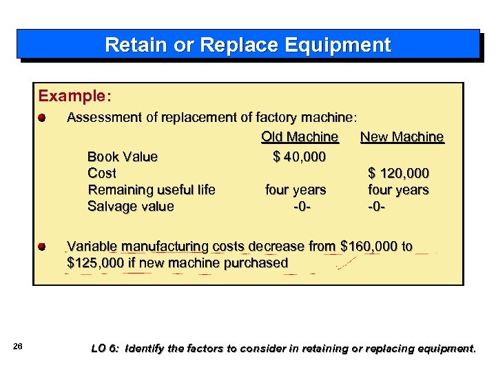 Retain or Replace Equipment Example: Assessment of replacement of factory machine: Old Machine New