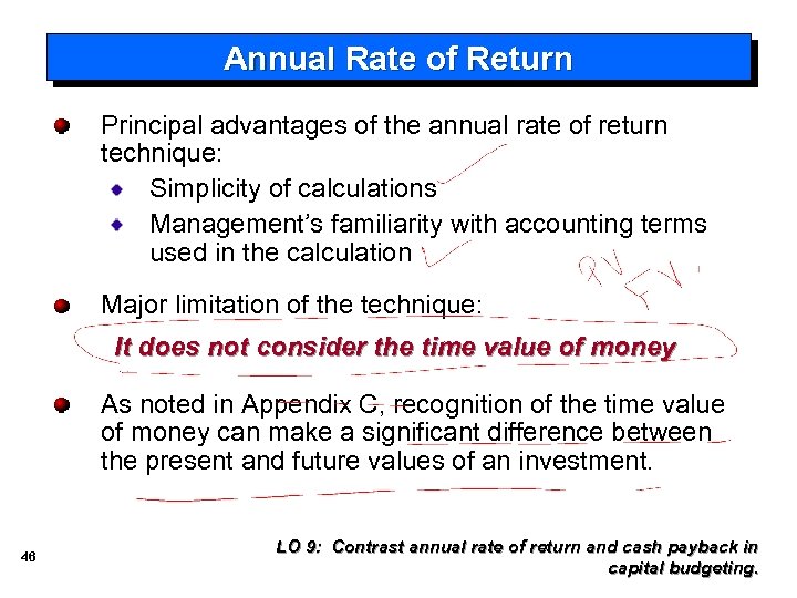 Annual Rate of Return Principal advantages of the annual rate of return technique: Simplicity