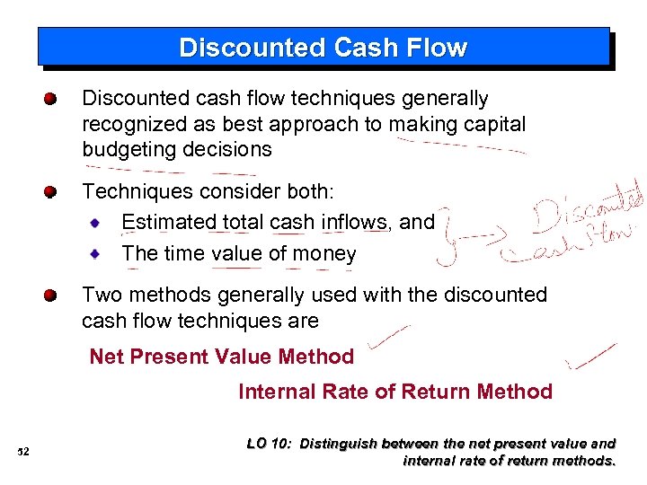 Discounted Cash Flow Discounted cash flow techniques generally recognized as best approach to making
