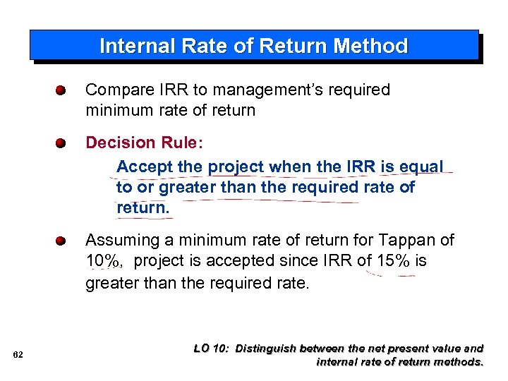 Internal Rate of Return Method Compare IRR to management’s required minimum rate of return