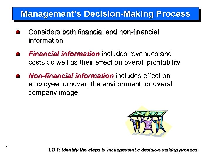 Management’s Decision-Making Process Considers both financial and non-financial information Financial information includes revenues and