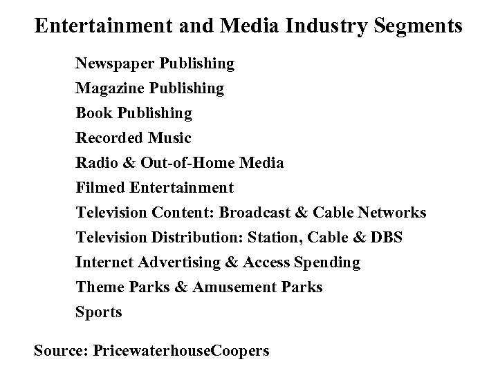 Entertainment and Media Industry Segments Newspaper Publishing Magazine Publishing Book Publishing Recorded Music Radio