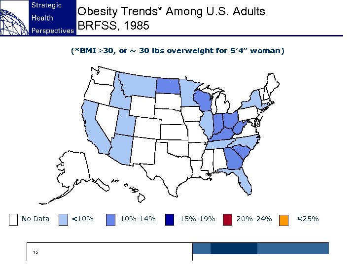 Obesity Trends* Among U. S. Adults BRFSS, 1985 (*BMI 30, or ~ 30 lbs