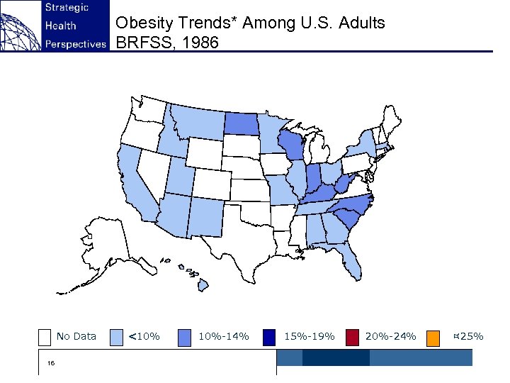 Obesity Trends* Among U. S. Adults BRFSS, 1986 No Data 16 <10% 10%-14% 15%-19%