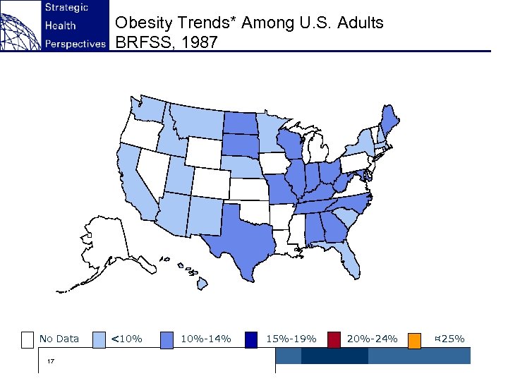 Obesity Trends* Among U. S. Adults BRFSS, 1987 No Data 17 <10% 10%-14% 15%-19%